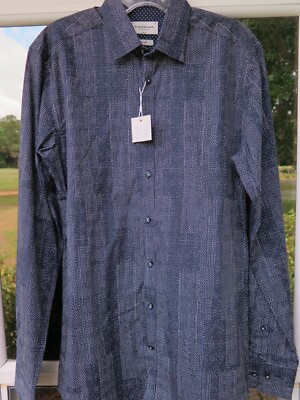 Bruun Stengade Mens Blue Geometric Slim Fit Dress Shirt Euro 38 15 Small NWT NEW