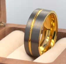 Matt Gun Metal Pipe Cut Ring Gold Tungsten Modern Band Gift For Girlfriend