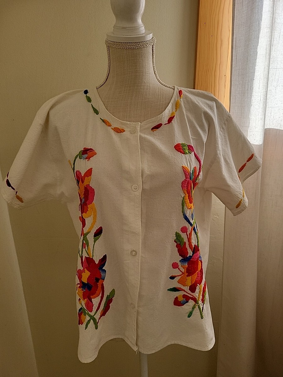 oz.vintage/美品1970 Mexican cotton blouse Vintage 70s Mexican Embroidered Peasant Top M/L 42 Button