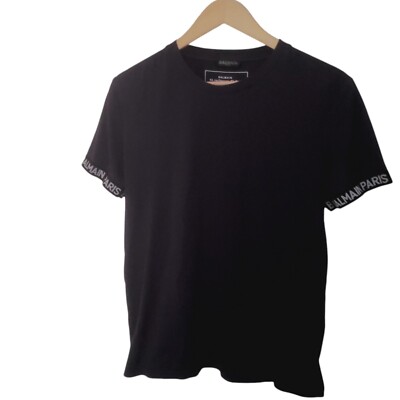 Balmain Paris T-Shirt Herren Ärmel Logo Tape Rundhals Baumwolle Gr. S/M Dark Navy