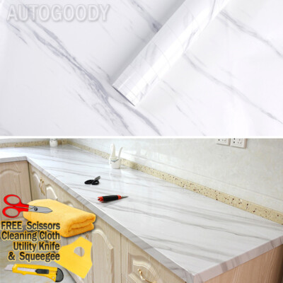 4ft x 20ft Gloss White Marble Granite Stone Wallpaper Vinyl Wrap Film 48'' x 240''