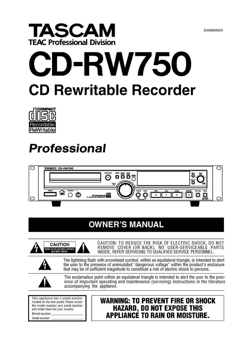 User Manual for Tascam CD-RW750 | eBay