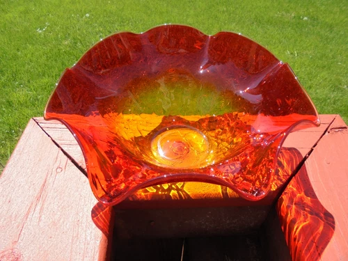 Vintage Blenko Tangerine Crackle Glass Large Ruffled Bowl 10 1/2" Diam