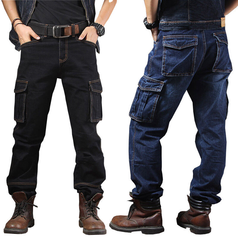 wenselijk bord meesteres Mens Jeans Denim Pants Casual Cargo Pockets Combat Work Pants Trousers |  eBay