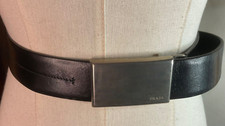 PRADA Unisex Black Leather Belt 30in/75cm Military Style Buckle Vintage