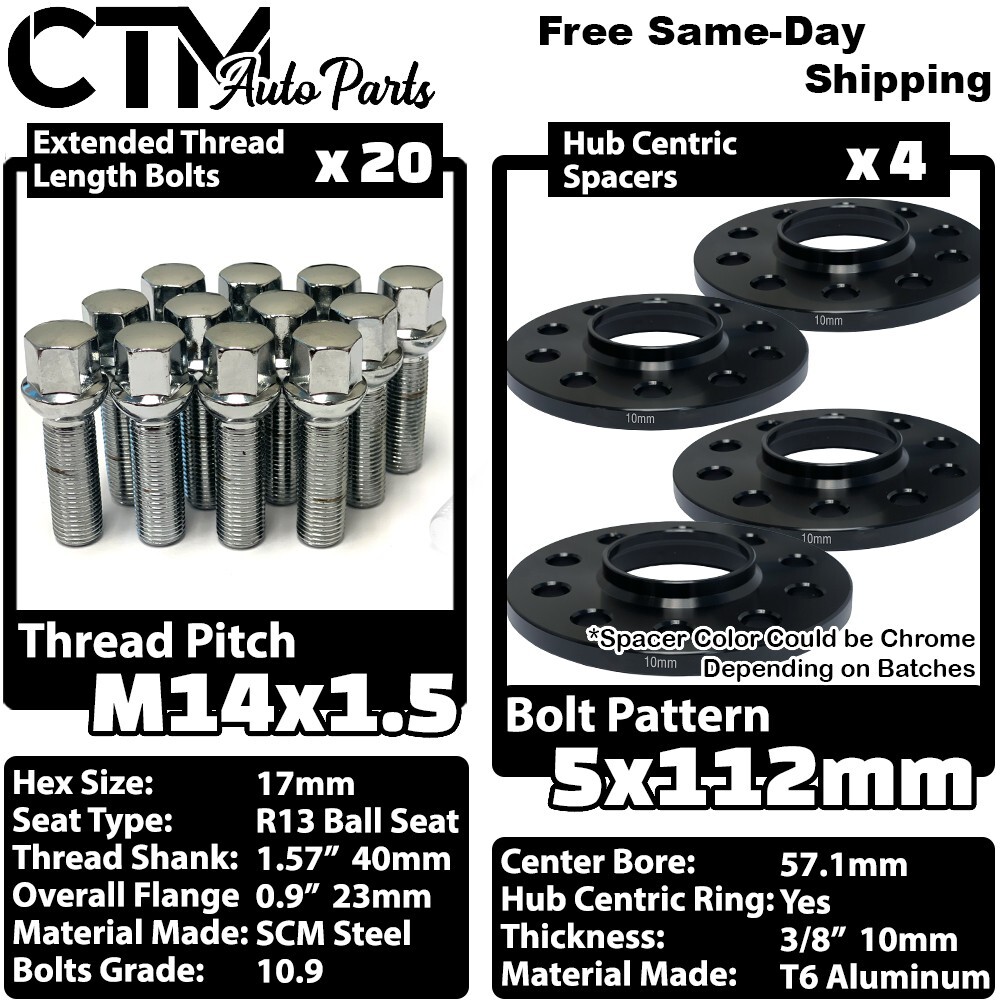 4x 10mm Thick 5x112 57.1mm CB Wheel Spacer Chrome Bolt Audi McLaren Stock Wheels