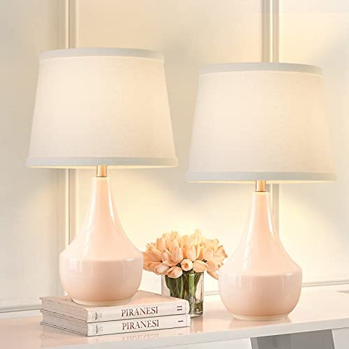 Table Lamp Set of 2, 18.6“ Tall Ceramic Table Lamp Pink;White Lampshade-image