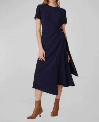 Shoshanna Women's Gem Buckle Wrap Midi-Dress - Navy - Size 8 Shoshanna Women's Gem Buckle Wrap Midi-Dress - Navy - Size 8