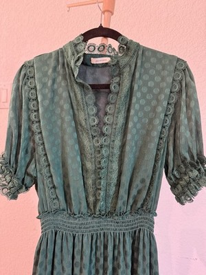 Max Studio Women s Green Polka Dot Lace Trim Smocked Maxi Dress Puff Sleeve M