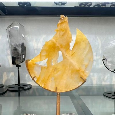 1pc Natural Yellow gum flower quartz Crystal Wolf skull Carved Healing Decor