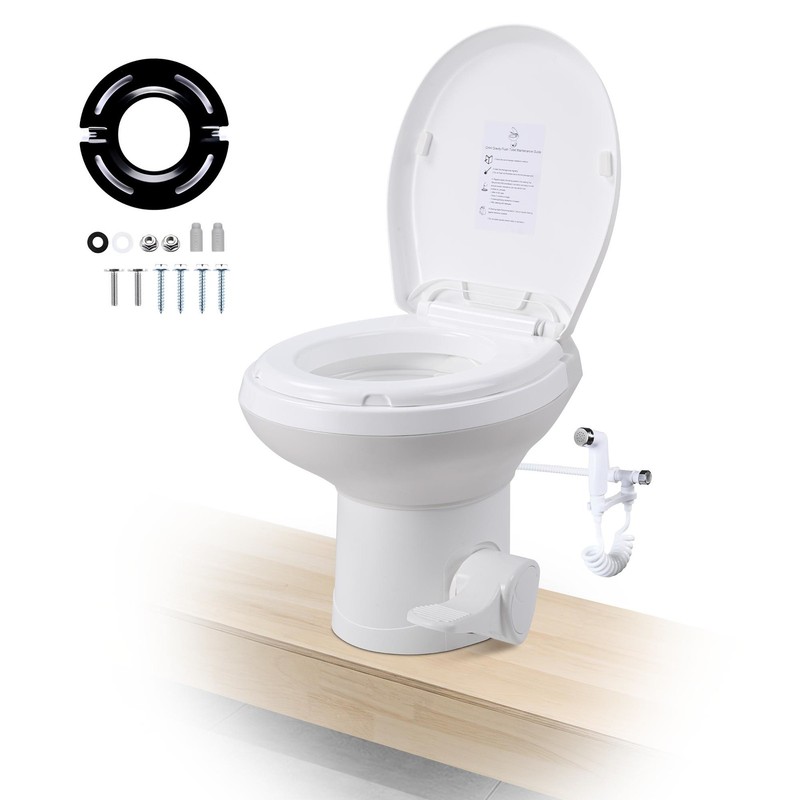 AplusChoice Low Profile RV Camper Toilet Gravity Flush Foot Pedal & Bidet Spray