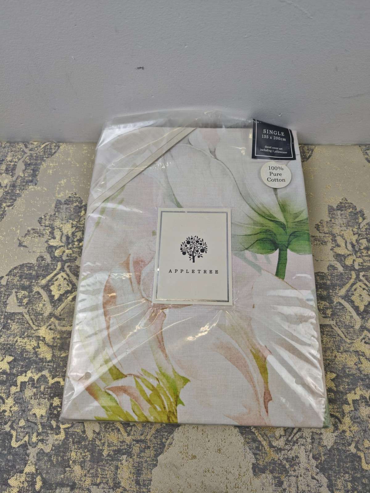 Appletree - Gold Ochre Floral Duvet Cover - Single Bedding Size (140 x 200cm) -