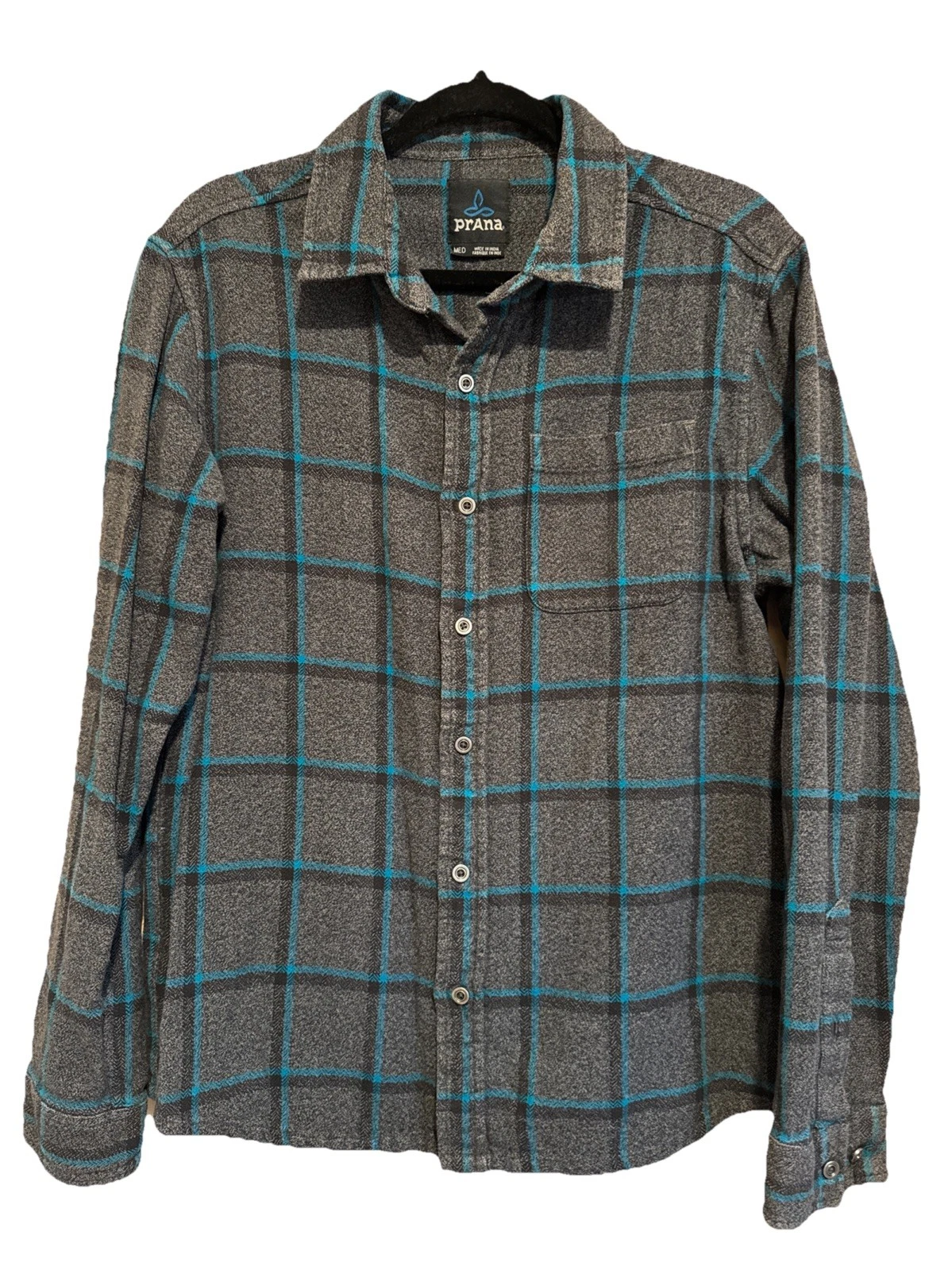 Prana Plaid Flannel Style Button Up Shirt Mens Outdoor Hiking Camp Gray Size M