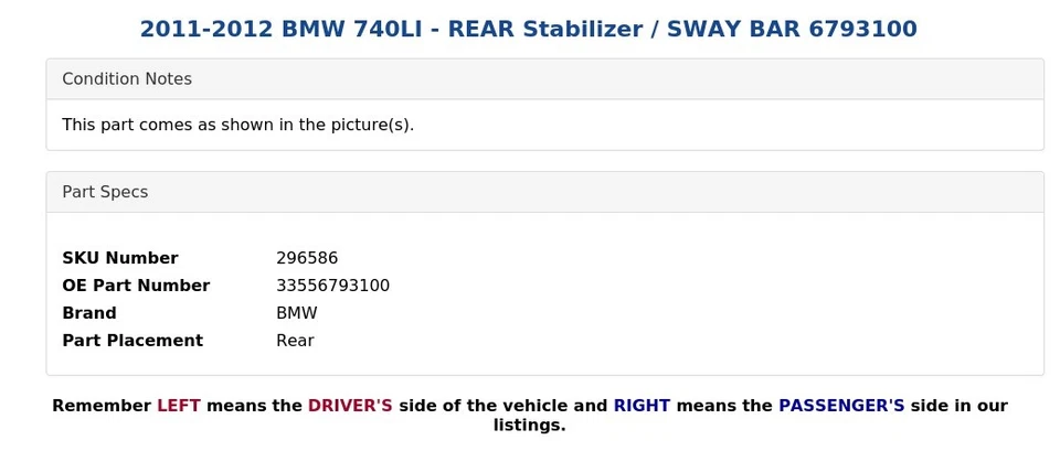 BMW 740LI 2011-2012 - Estabilizador trasero / Barra estabilizadora 6793100 Foto 4 de 4