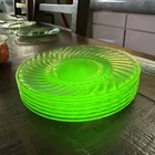 6 Uranium Optic Swirl Green Vaseline Depression Glass 6” Saucer Plates UV Glow