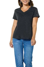 DG2 Women's Embellished Rhinestone V-Neck Short Sleeve Tee Black