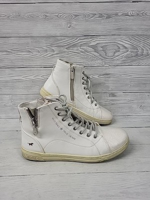 Mustang True Denim weiße Leder High Top Sneaker Reißverschluss Detail Gr. 37 (UK 4). PP