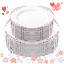 100 Pcs White And Rose Gold Plastic Plates For 50 Guests Rose Gold Disposable Pl