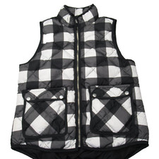 Woolrich Down Vest Womens Small Black White Plaid Pockets Quilted Full Zip