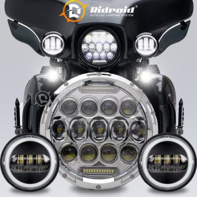For Harley-Davidson 7Inch LED Headlight & 4.5Inch Passing Lamps Halo Ring Combo