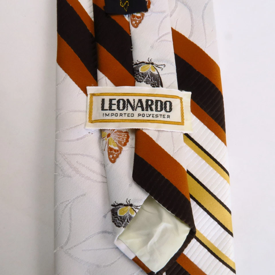 Leonardo Mens Neck Tie Striped Butterfly Print Yellow Orange Brown Retro 57x4 - Image 4 of 4