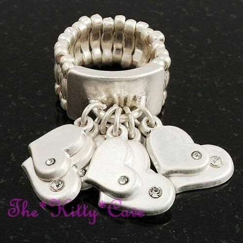 Matte Silver Tone Finger Cuff Heart Charms Wide Flex Ring w/ Swarovski Crystals - Image 2 of 4