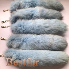 Wholesale 16"-18" Real Fox Fur Tail Dyed Blue Fox Fur Tail Keychain Cosplay Toys