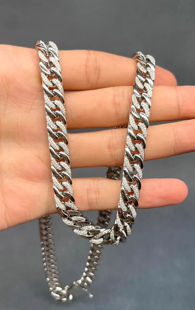 Men s Solid 952 Sterling Silver 15mm Moissanite Miami Cuban Link Chain Necklace