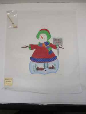 Beau Geste Needlepoint Handpainted Canvas Snowman w/ Embellishments Broom Bells