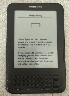 Amazon Kindle Keyboard 3, Wi-Fi, 6'' 4GB, D00901  empty Battery Message 