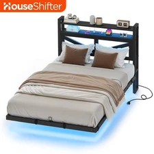 Bedroom Metal Twin Size Floating Bed Frame w/ USB Charging Ports & LED Lights