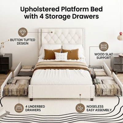 Bed Frame With Headboard 4Drawers Silent Design Hook Loop Fixed Wood Slats