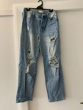 stndrd denim ripped distressed jeans size 10 button fly blue wash