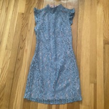 TAHARI Floral Dusty Light Blue Gray Cream Nude Lace Sheath Midi Short Dress 2