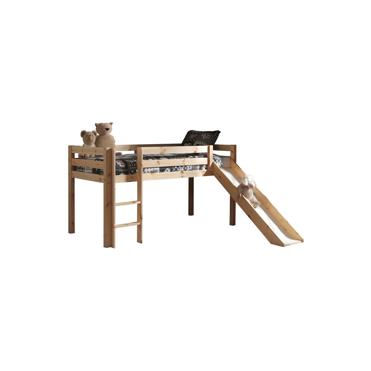 Lit enfant avec toboggan Pino 90x200 en bois massif pour chambre surélevé