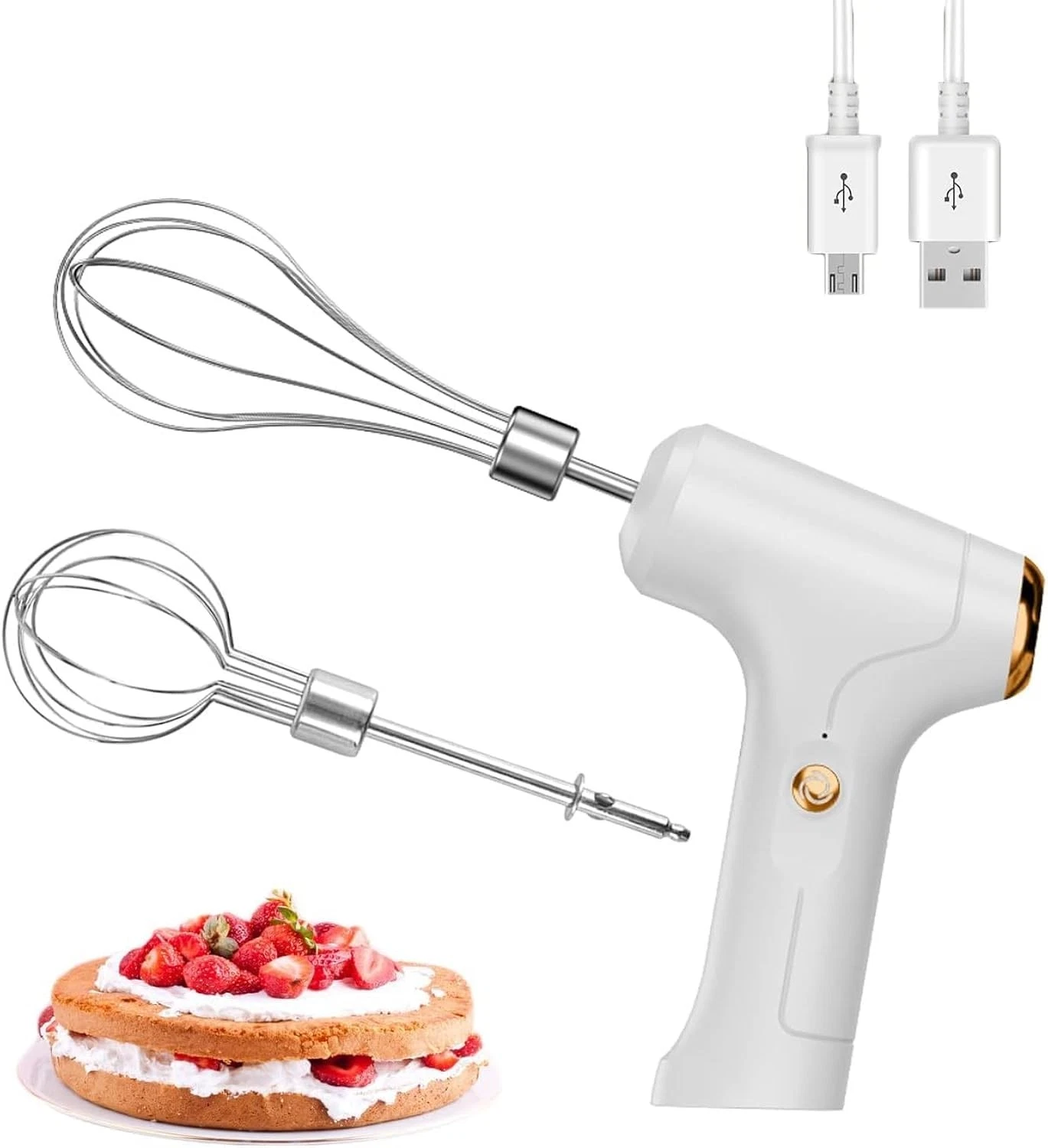FIOUSY USB Rechargeable Electric Hand Whisk, 3 Speed Portable Egg Beater White