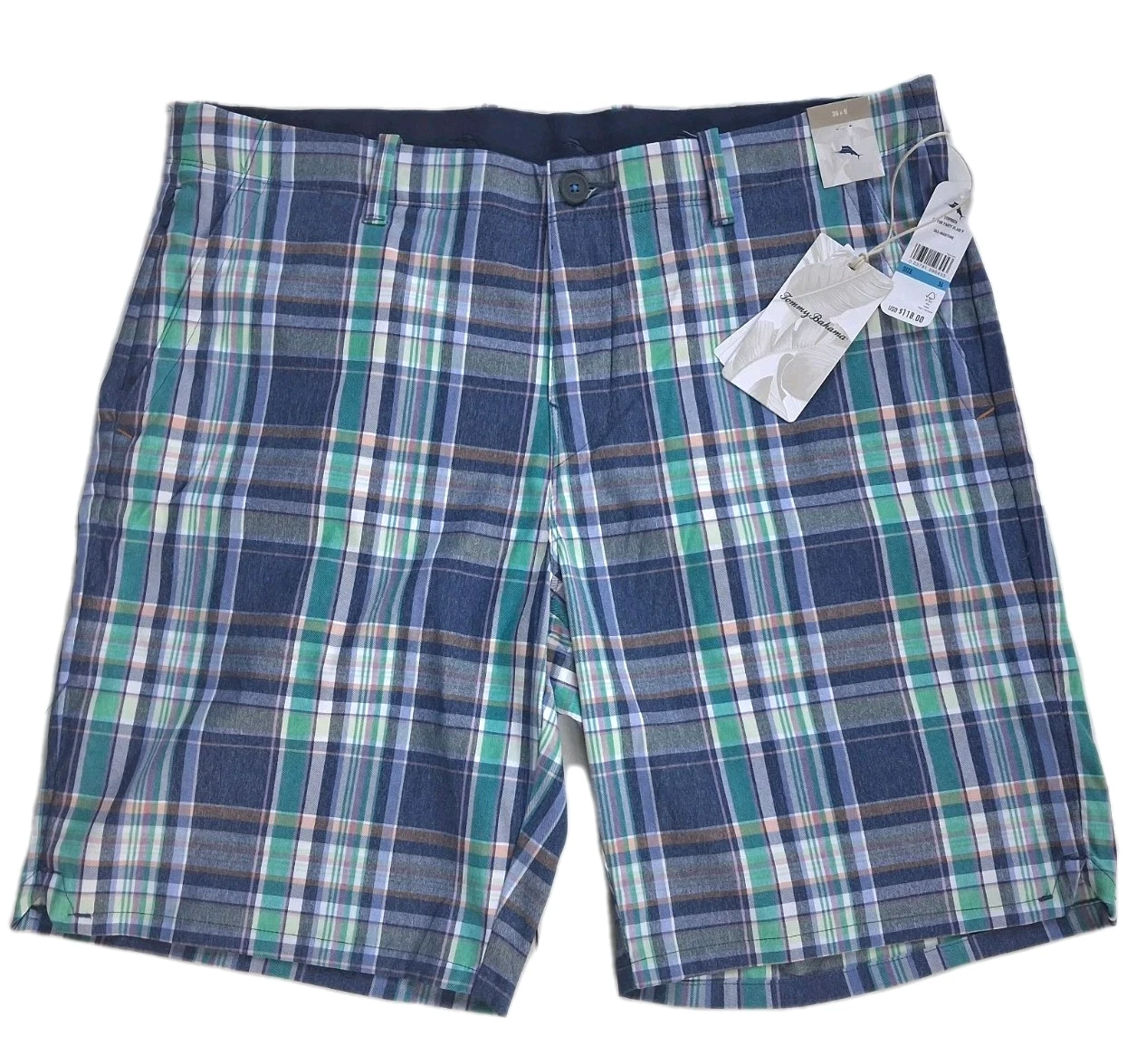 Tommy Bahama Chino Shorts 36 On Par Plaid Blue Stretch UPF 30 9 inch Inseam $118