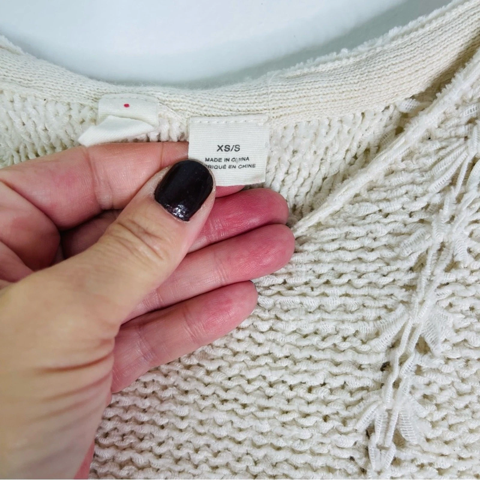 OFF WHITE Felpa con cappuccio falena rosa panna uncinetto boho costiera frange maglione oversize small XS