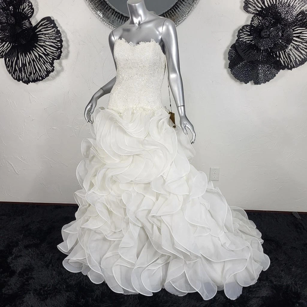 OFF WHITE ABITO DA SPOSA SIRENA NUOVO CON ETICHETTE ~ $ 2795 ~ COSMOBELLA ~ 8 10 ~ BIANCO SPORCO SENZA SPALLINE PIZZO ARRUFFATO
