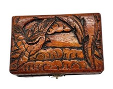 Vtg Artisan Carved Wood Jewelry Trinket Treasure Box Bird Cottagecore