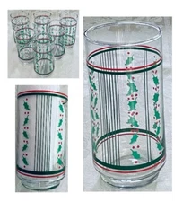 Vintage Libbey Christmas Glass Tumblers 16 oz. HOLLY STRIPES 6-Piece Set