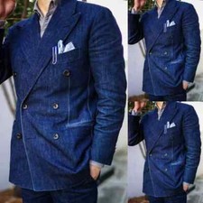Blue Denim Men's Suits Double Breasted Peak Lapel Tuxedos Wedding Party Blazer
