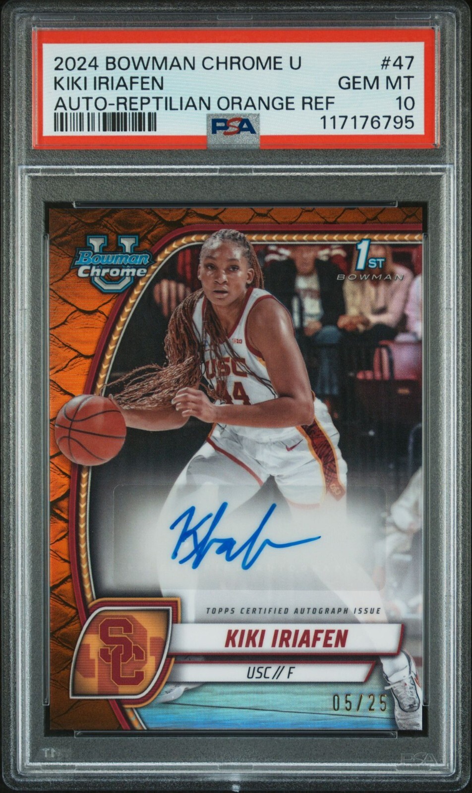 2024 Bowman Chrome U #47 Kiki Iriafen Orange Reptilian Refractor /25 AUTO PSA 10