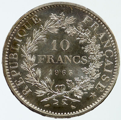 1965 FRANCE HERCULES Liberte Motto VINTAGE Silver 10 FRANCS French