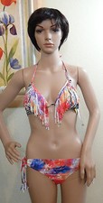 RAISINS geo/flower multi fringe halter swim top tie fringe back bottom,S,M,L