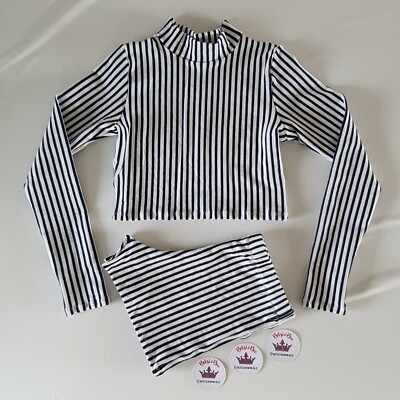 (#453) Alter 7/9 Tanz Langarm Rollkragen Crop Top/Shorts weiß/blau gestreift