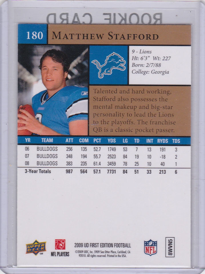 Matthew Stafford RC 2009 Upper Deck 1st Edition ROOKIE CARD Detroit Lions LE! - Image 2 of 2