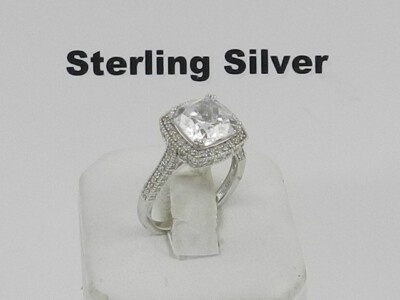 Suzy Levian Sterling Silver Emerald-cut Cubic Zirconia Halo Engagement Ring, 7