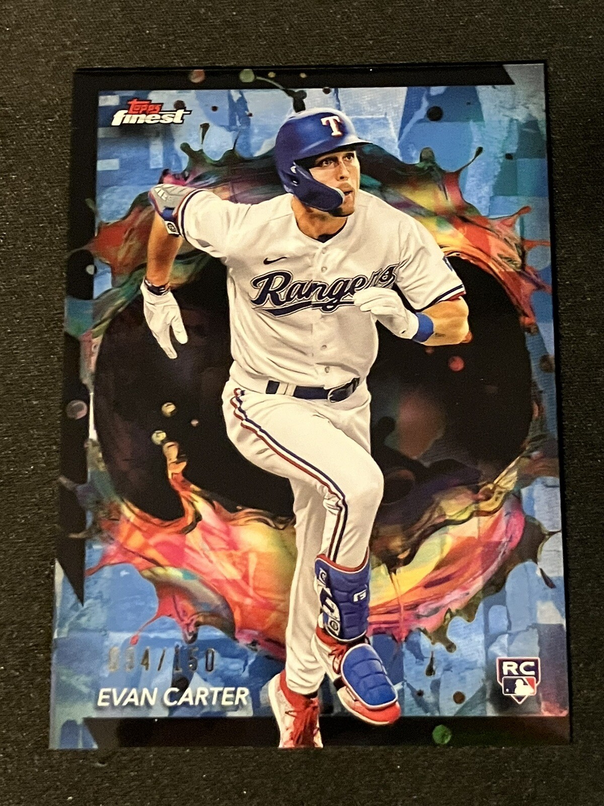2024 Topps Finest #290 Evan Carter Rangers Rookie RARE SKY BLUE REFRACTOR /150