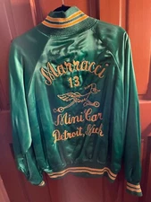 Vintage Satin Green Mini Car Racing Jacket Chain Stitch Detroit #13 Marracci 